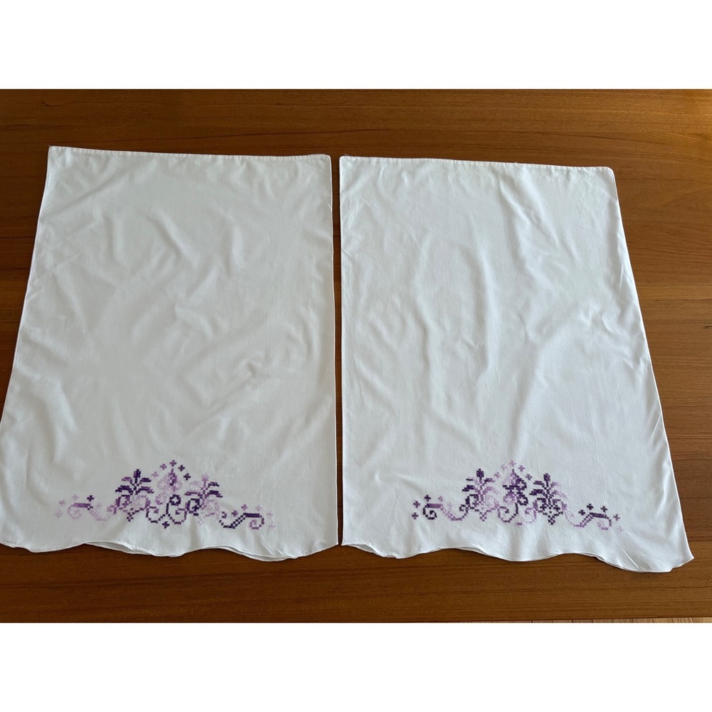 Embroidered Vintage Cotton Standard Pillowcase Set Floral Cross Stitch